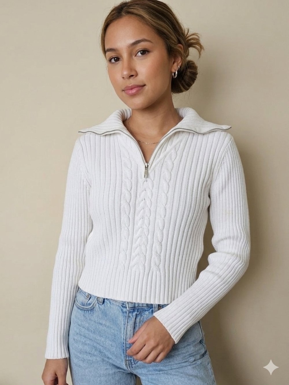 Villager White Cotton Cable Knit Pullover Sweater Large
